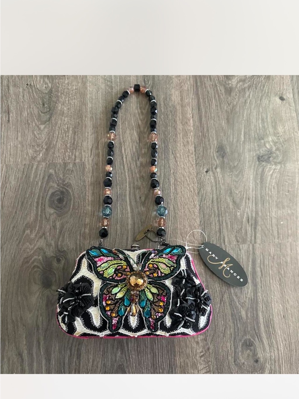 Mary Frances Black Multicolor Beaded Butterfly Wristlet